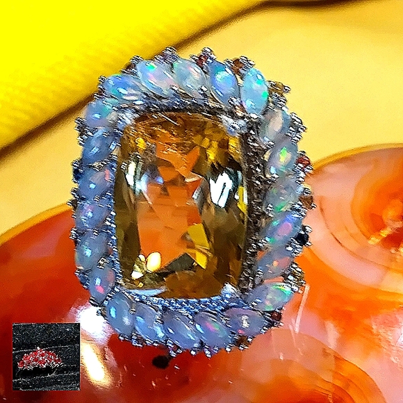 BEAUTY, FIRE & BRILLIANCE. FIRE OPAL SURROUNDS BRAZILIAN CITRINE. STERLING SZ 6. - Picture 9 of 12